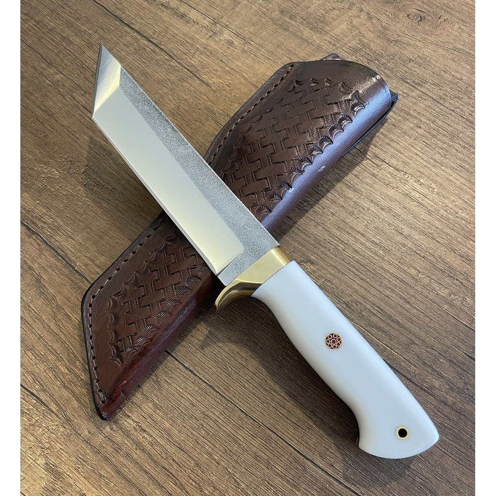 Handmade N690 Steel Hunting Knife White Corian Handle Outdoor Blade 3