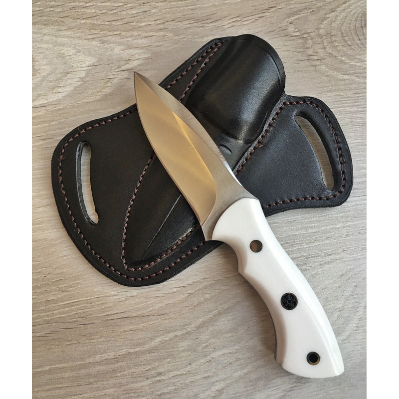 Premium Blacksmith Made Camping Knife With 1075 Carbon Steel White Corian Grip 1
