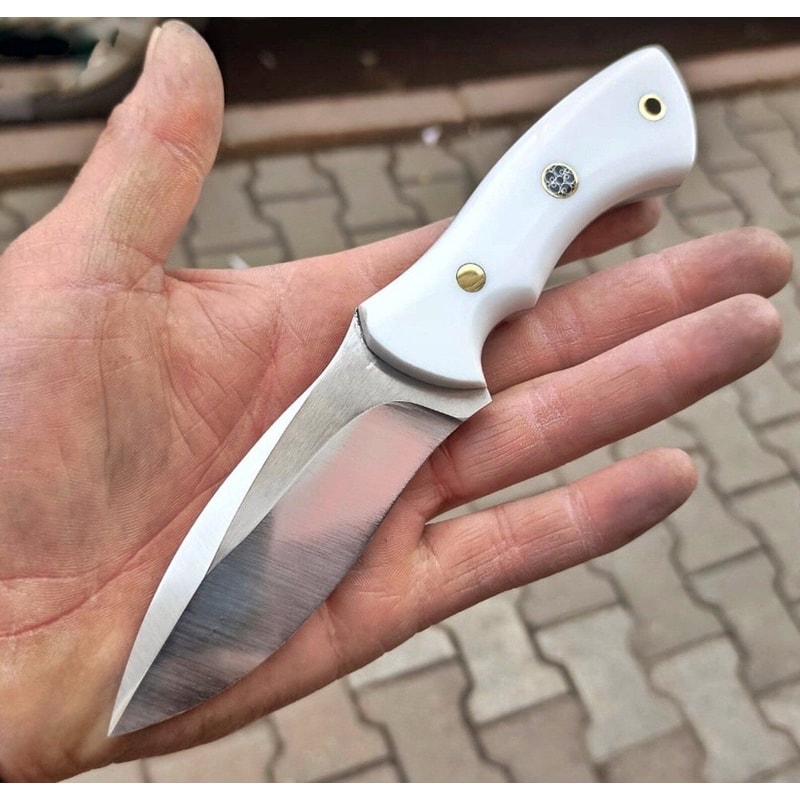 Premium Blacksmith Made Camping Knife With 1075 Carbon Steel White Corian Grip 8