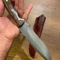 heavy duty camping hunting knife with walnut wood grip & leather sheath