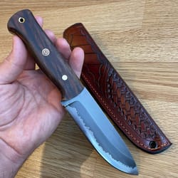 rugged outdoor camping knife with walnut wood grip & darkened steel blade