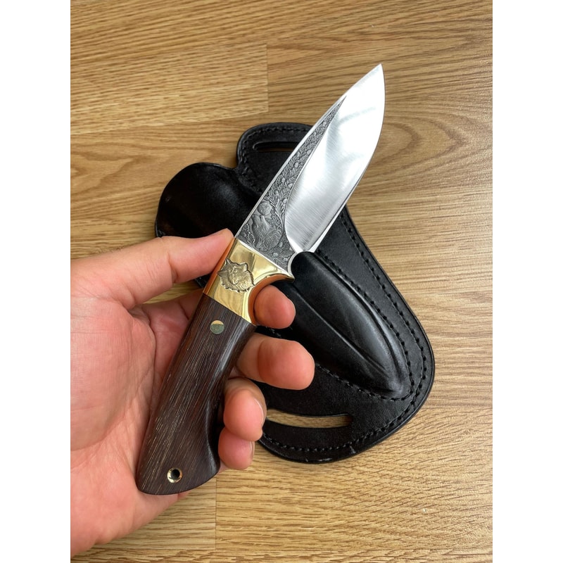 Premium Hunting Knife With Wolf Engraved Blade Ebony Handle Brass Bolsters 7