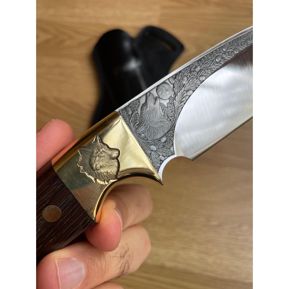 Premium Hunting Knife With Wolf Engraved Blade Ebony Handle Brass Bolsters 8