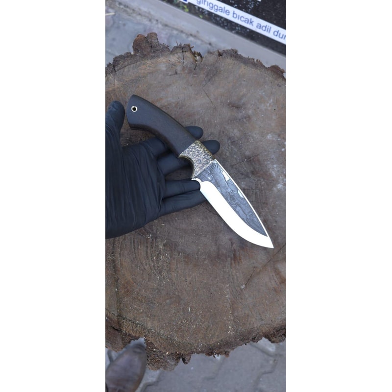 Hunting Knife 1075 Carbon Steel Eagle Engraved Blade Full Tang Ebony Wood Handle 5