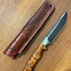 artisan camping knife with acid darkened 1075 carbon steel blade