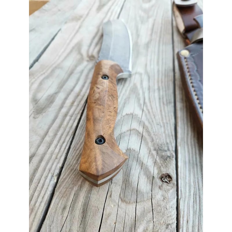 Handmade Camping Cleaver Knife With Walnut Wood Handle Leather Sheath 1