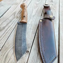 handmade camping cleaver knife with walnut wood handle & leather sheath