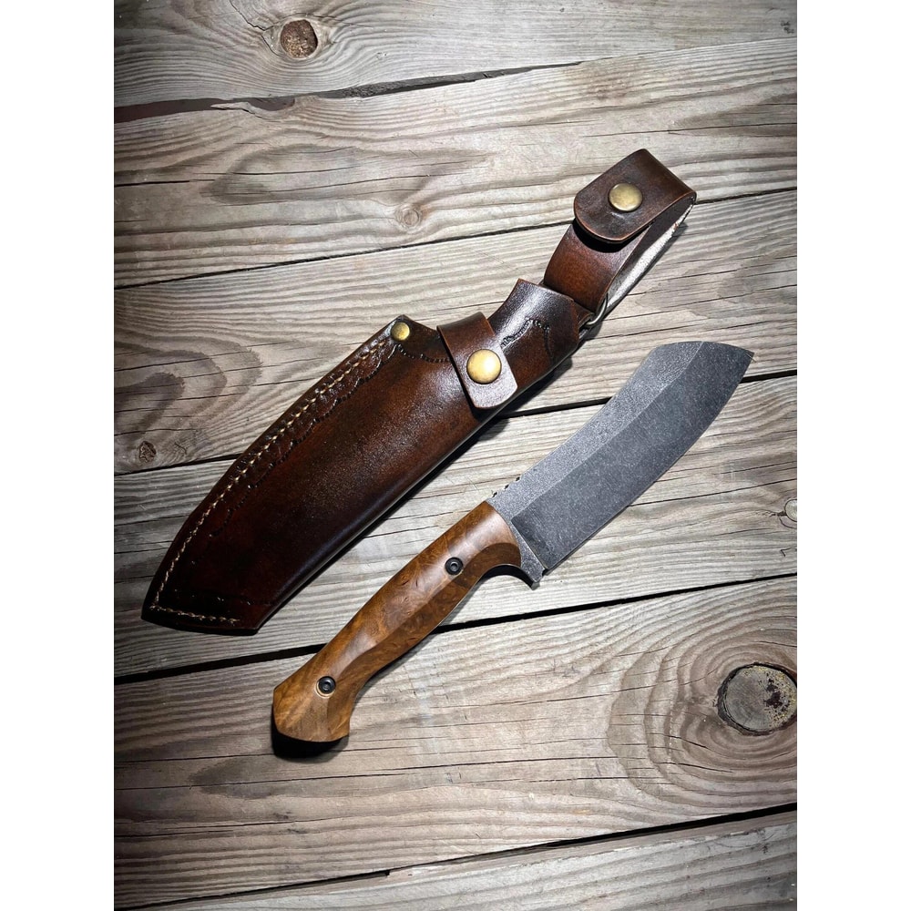 Handmade Camping Cleaver Knife With Walnut Wood Handle Leather Sheath 3