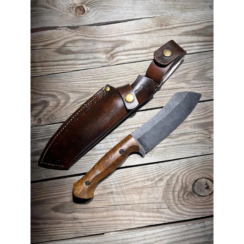 Handmade Camping Cleaver Knife With Walnut Wood Handle Leather Sheath 3