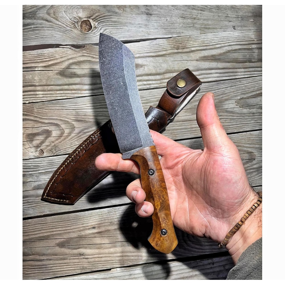 Handmade Camping Cleaver Knife With Walnut Wood Handle Leather Sheath 4