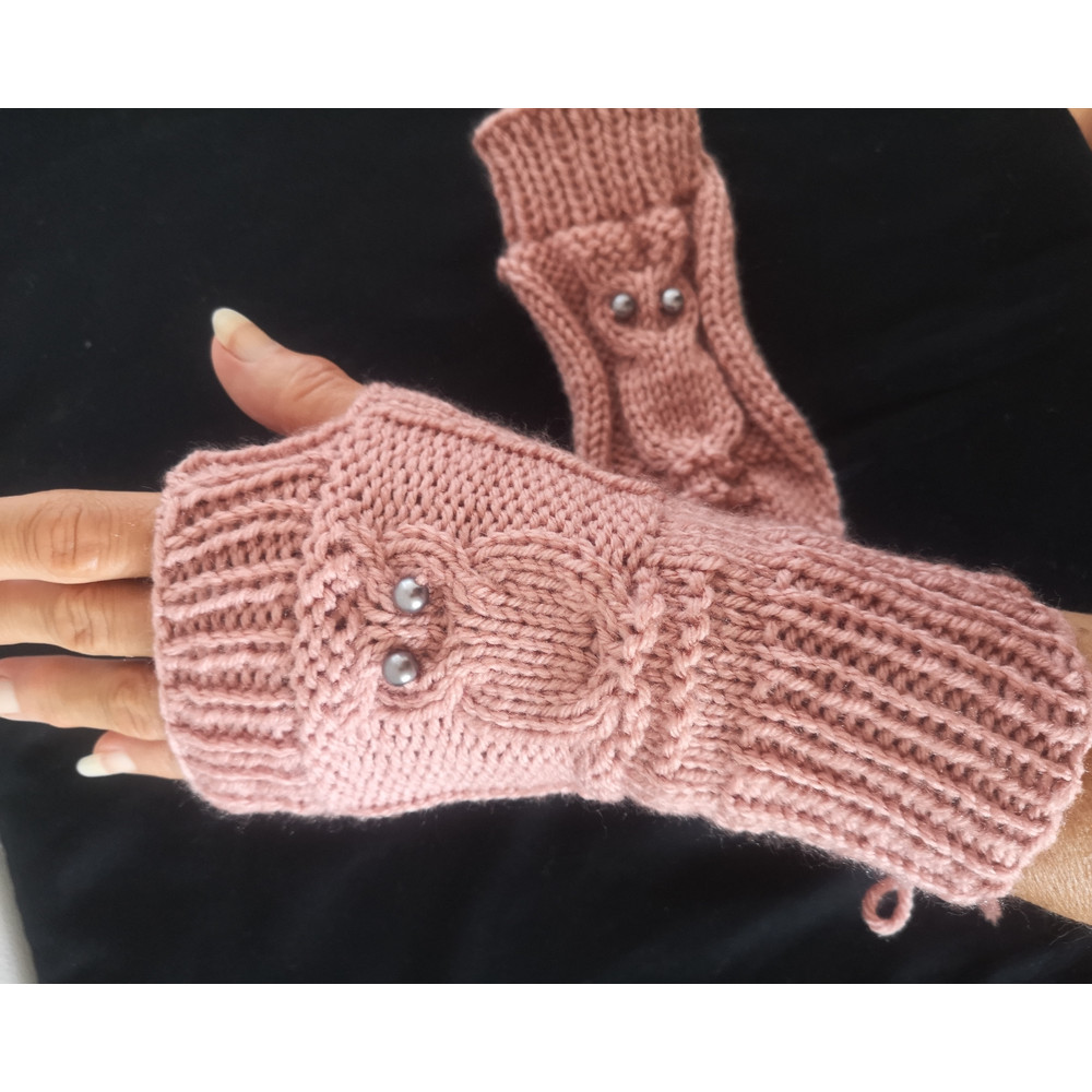 Owl Hooter Night Bird Knit Fingerless Gloves Mittens Handmade 5