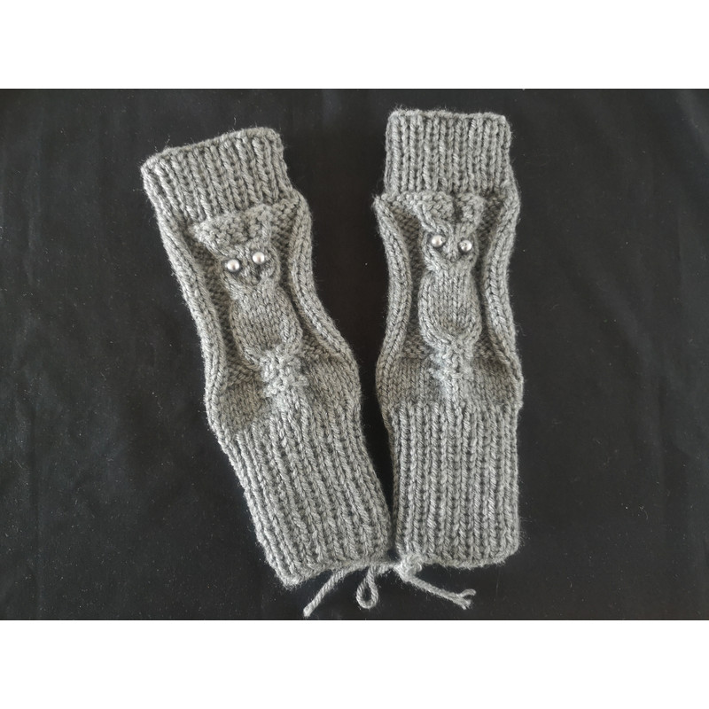 Owl Hooter Night Bird Knit Fingerless Gloves Mittens Handmade 8