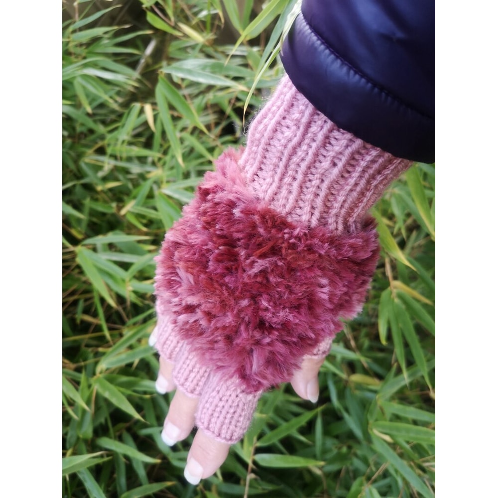Marsala Rose Pink Handmade Knitted Fuzzy Plush Half Finger Texting Gloves 0