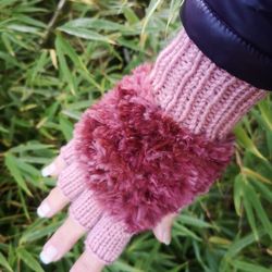 marsala rose pink handmade knitted fuzzy plush half finger texting gloves