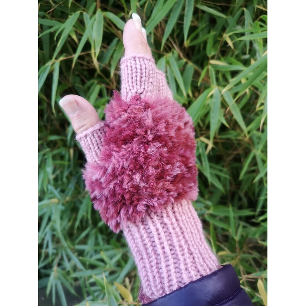 Marsala Rose Pink Handmade Knitted Fuzzy Plush Half Finger Texting Gloves 2
