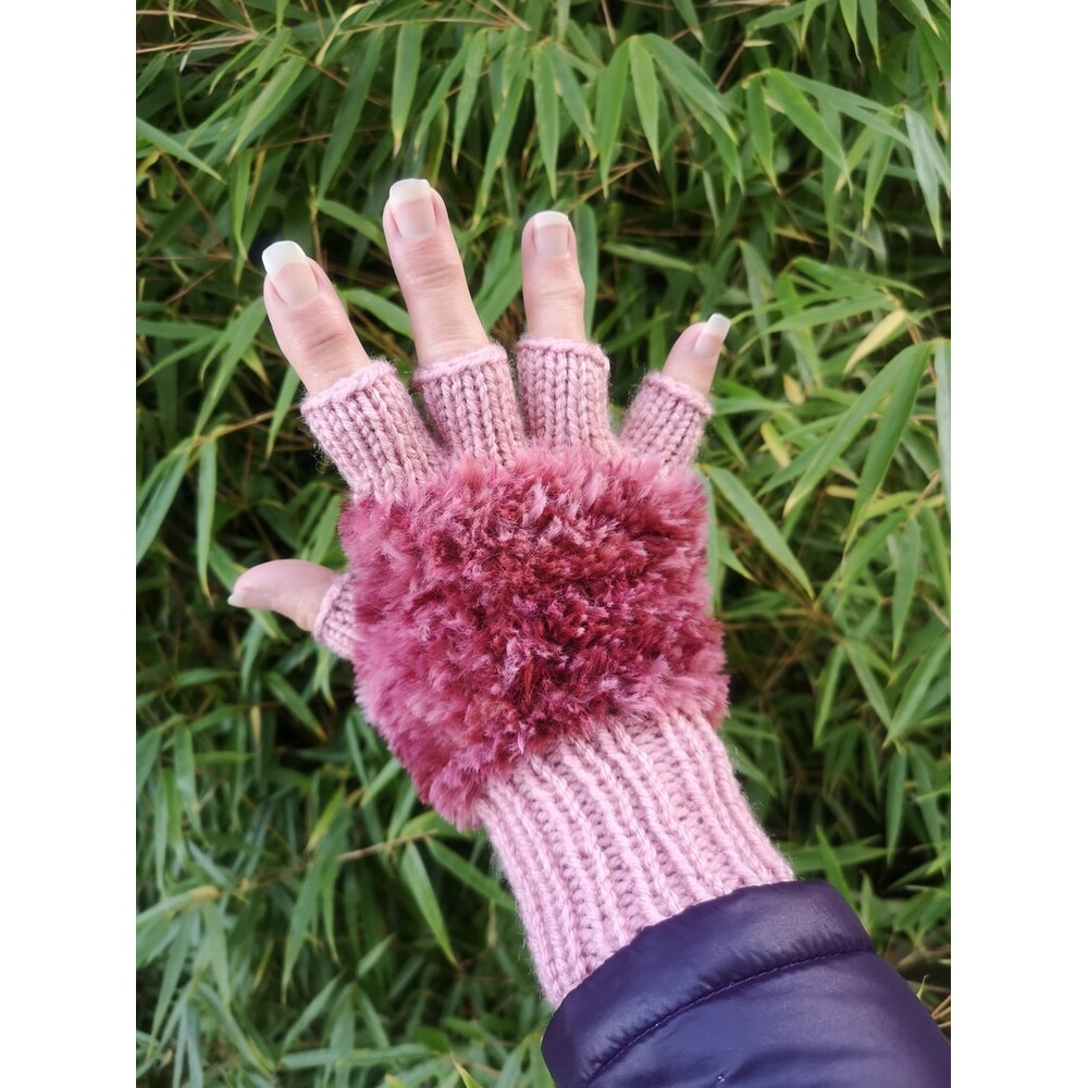 Marsala Rose Pink Handmade Knitted Fuzzy Plush Half Finger Texting Gloves 3