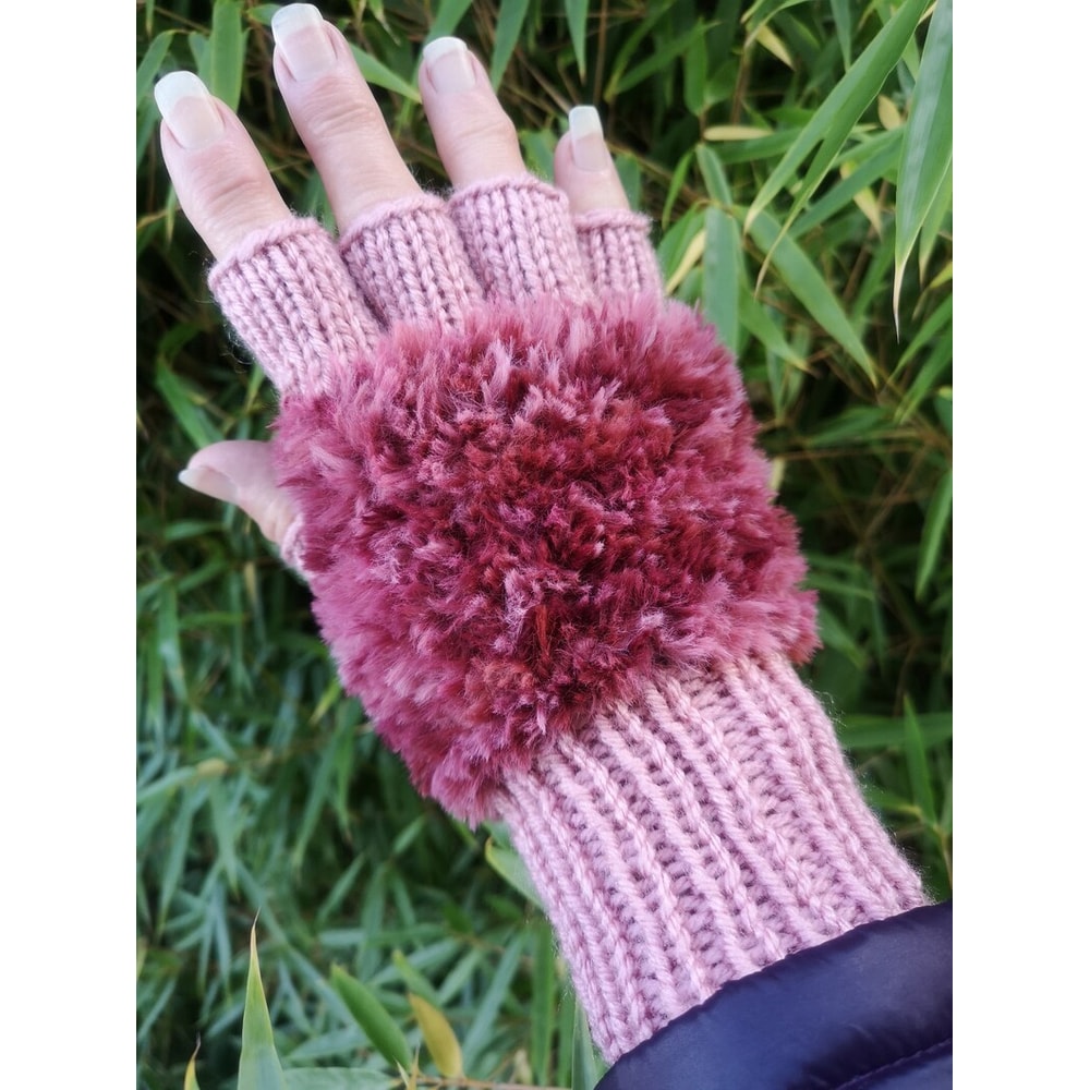 Marsala Rose Pink Handmade Knitted Fuzzy Plush Half Finger Texting Gloves 4