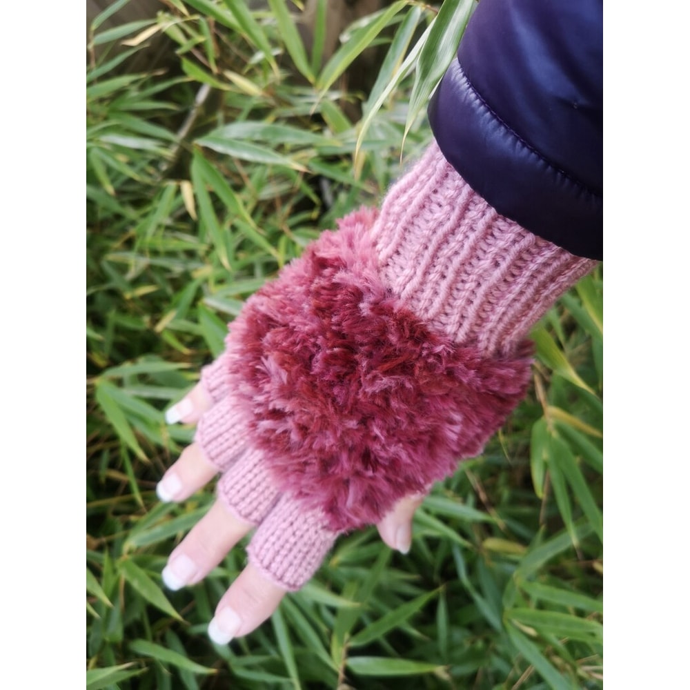 Marsala Rose Pink Handmade Knitted Fuzzy Plush Half Finger Texting Gloves 5