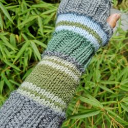 green gray striped multipattern knit fingerless gloves mittens arm warmer