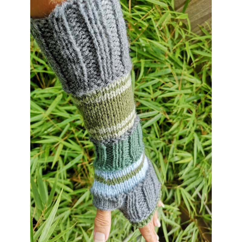 Green Gray Striped Multipattern Knit Fingerless Gloves Mittens Arm Warmer 2