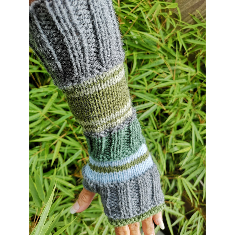 Green Gray Striped Multipattern Knit Fingerless Gloves Mittens Arm Warmer 3