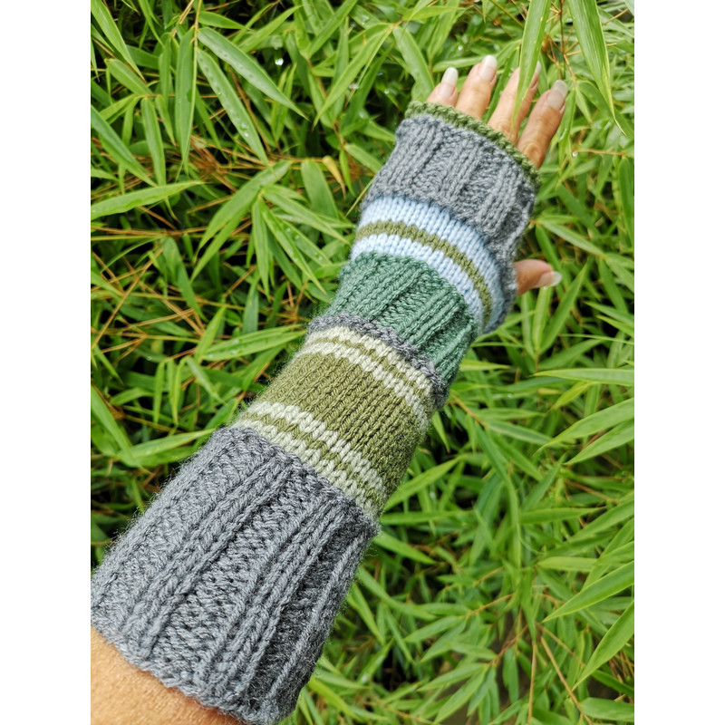 Green Gray Striped Multipattern Knit Fingerless Gloves Mittens Arm Warmer 5