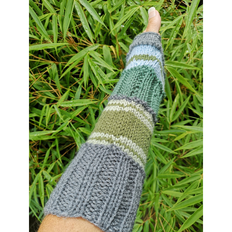 Green Gray Striped Multipattern Knit Fingerless Gloves Mittens Arm Warmer 7