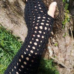 black handmade ajour net knit fingerless gloves