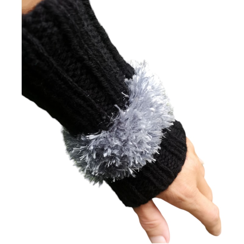 Black Gray Fuzzy Fingerless HandKnit Gloves Wrist Hand Warmer Oekotex 5