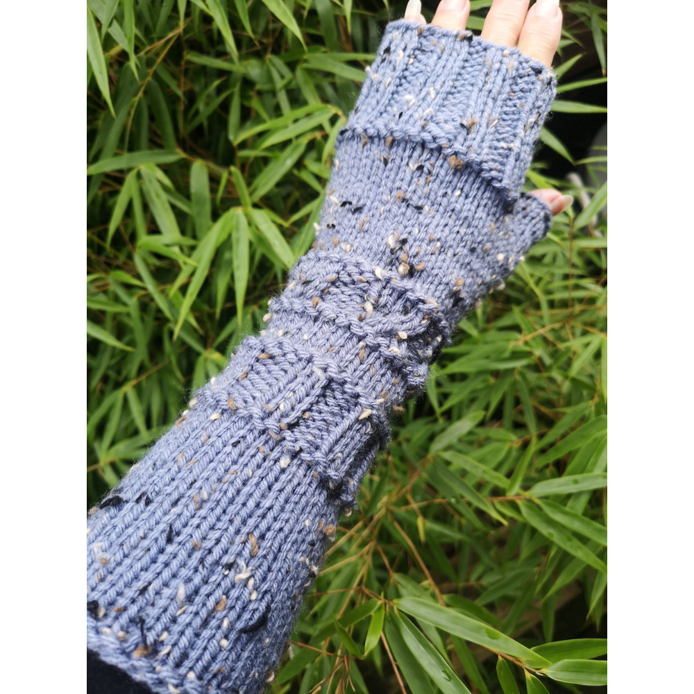 Denim Blue Warm Handmade Viscose Tweed Knit Fingerless Gloves Arm Warmer 0