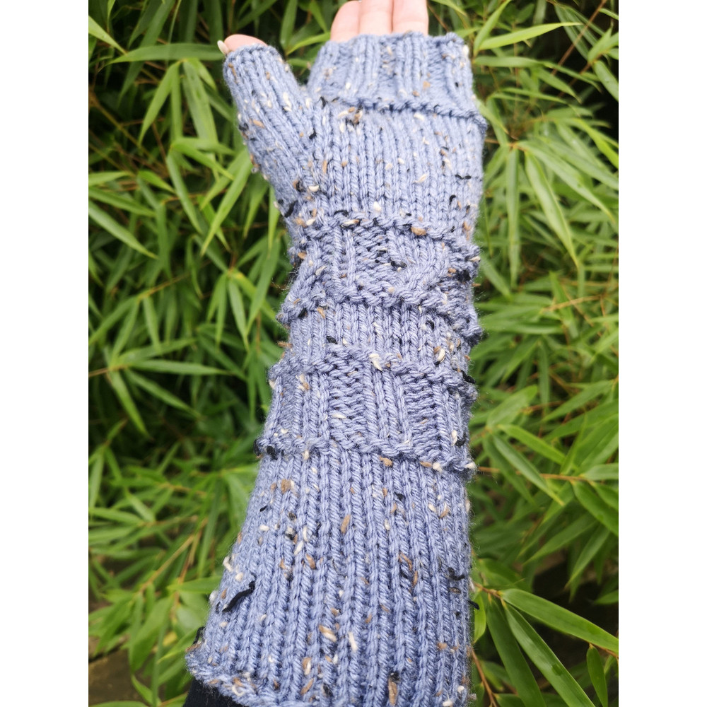 Denim Blue Warm Handmade Viscose Tweed Knit Fingerless Gloves Arm Warmer 1