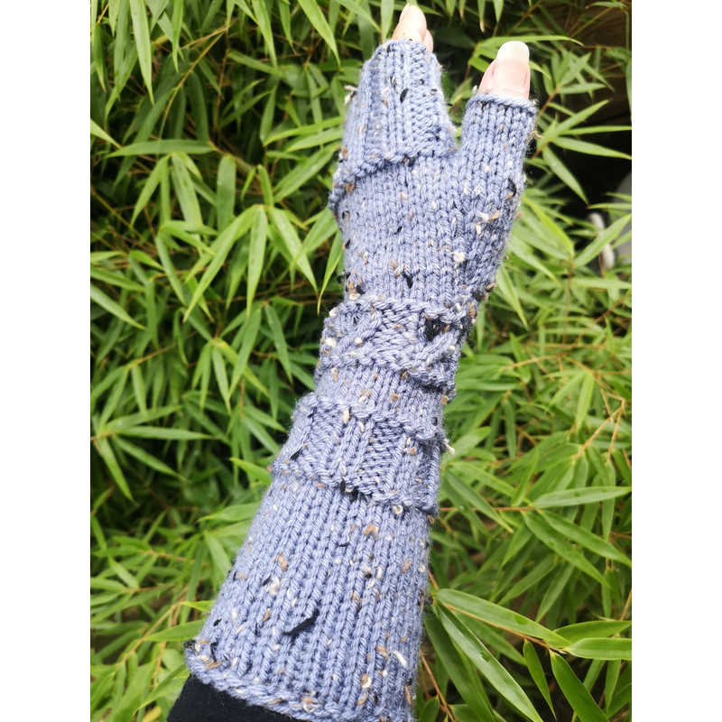 Denim Blue Warm Handmade Viscose Tweed Knit Fingerless Gloves Arm Warmer 2