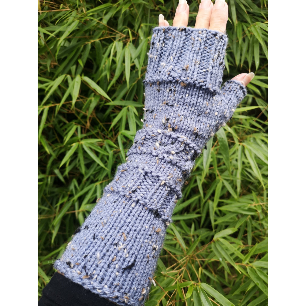 Denim Blue Warm Handmade Viscose Tweed Knit Fingerless Gloves Arm Warmer 3
