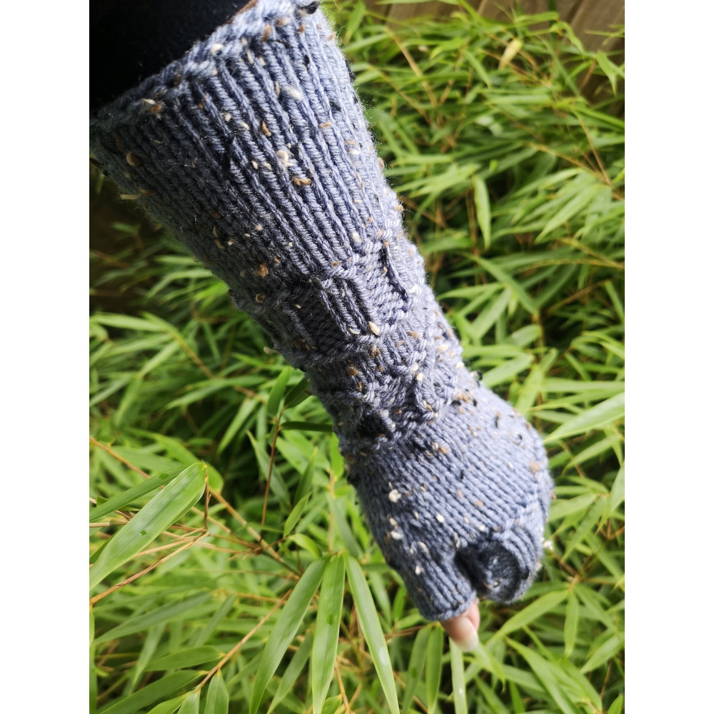 Denim Blue Warm Handmade Viscose Tweed Knit Fingerless Gloves Arm Warmer 6