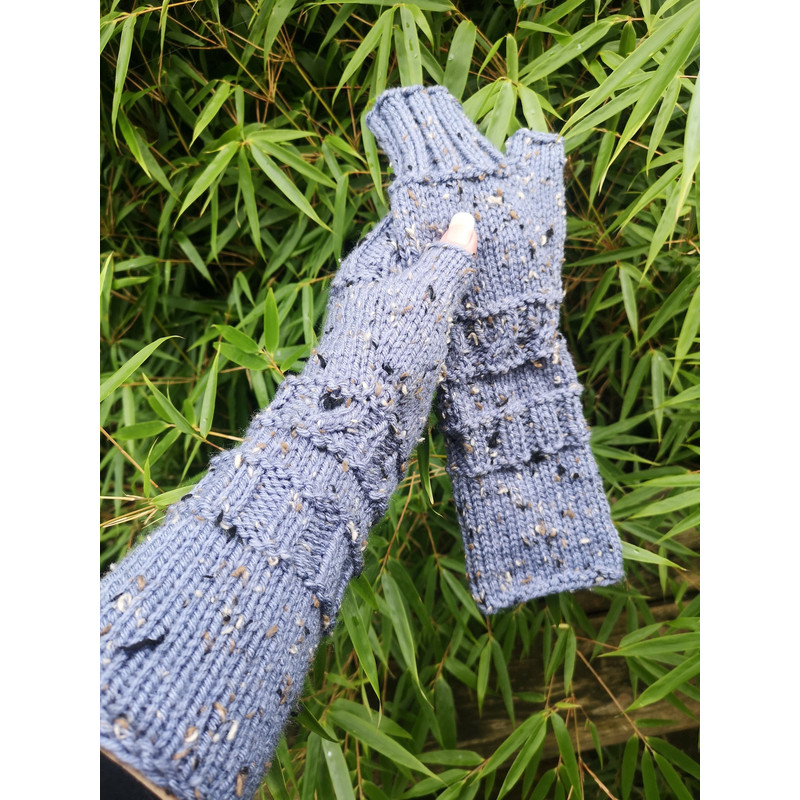 Denim Blue Warm Handmade Viscose Tweed Knit Fingerless Gloves Arm Warmer 7