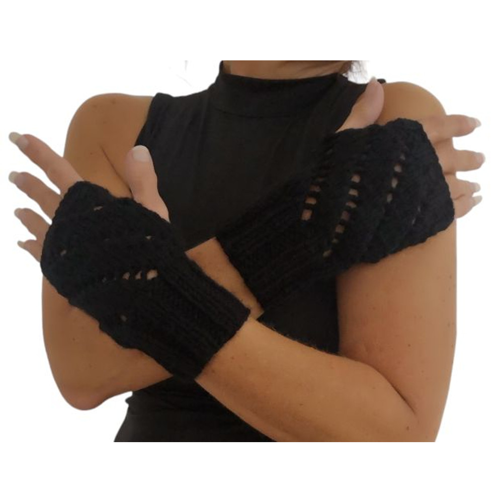 Black HandKnit Diagonal Eyelets Fingerless Gloves 2