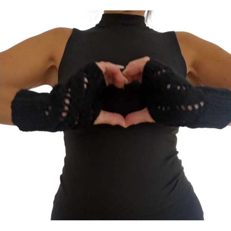 Black HandKnit Diagonal Eyelets Fingerless Gloves 3