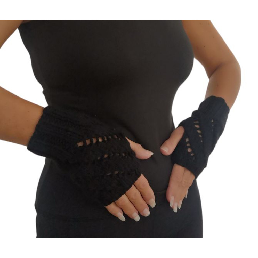 Black HandKnit Diagonal Eyelets Fingerless Gloves 4