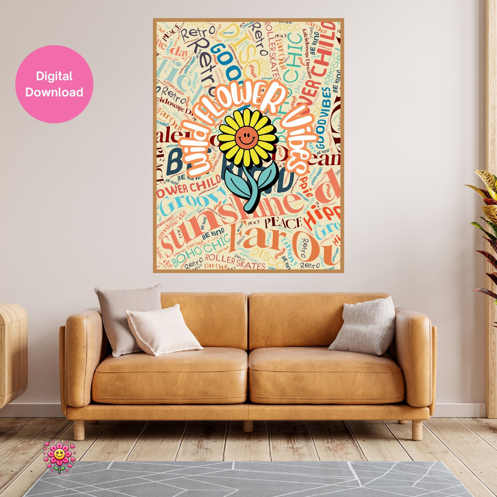 70s Wall Art Wildflower Good Vibes Retro Wall Art Sunshine  Peace Poster Groovy Smiley Flower Boho  2
