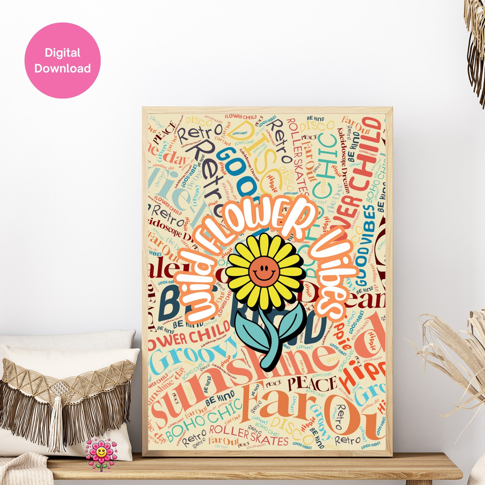 70s Wall Art Wildflower Good Vibes Retro Wall Art Sunshine  Peace Poster Groovy Smiley Flower Boho  3