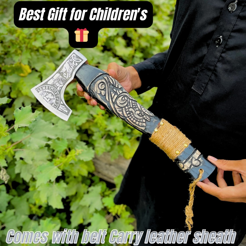 Viking Axe Custom Hand Forged High Carbon Steel Axes With Craving Wood Handlecomes With Belt Carry 1