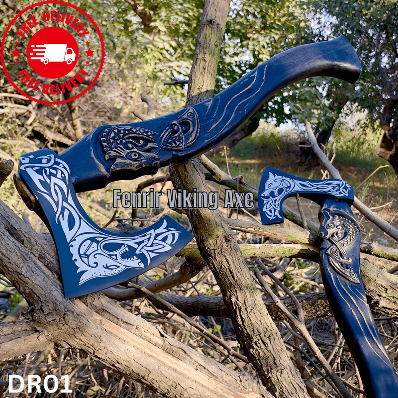 Nordic Battle Ready Axe Fenrir Fantasy Axe Hand Forged Bearded Axe Viking Hatchet With Carved Drago 0