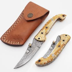 handmade damascus folding knife| pocket knife with leather sheath- bushcraft knife for hunting, outdoor, camping