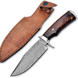 handmade damascus hunting knife - 10 inches handmade knife with leather sheath and wood handle