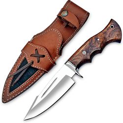 handmade d2 steel hunting knife - bushcraft fixed blade knife with sheath and horizontal carry wood handle