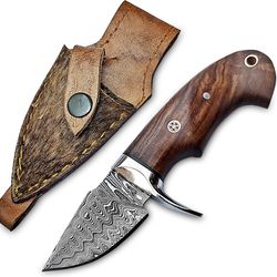 handmade 6" damascus steel neck knife, rosewood handle with steel guard and leather sheath best edc gift for men