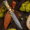 14 Damascus Steel Bowie Knife With Camel Bone And Brass Handle Trailing Point Blade Hunting Knife 0