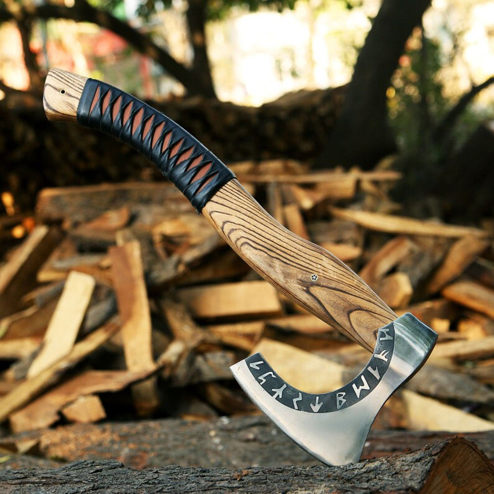 Custom Gift Carbon Steel Forest Viking Axe With Ash Wood Shaft Viking Bearded Camping Axe Christmas 0