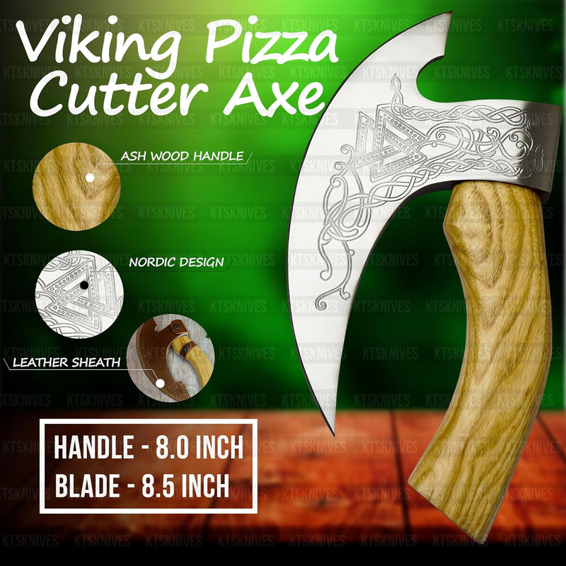 Unique Handmade Viking Pizza Cutter With Wooden Handle  UltraSharp Steel Axe Blade  Leather Sheath  4