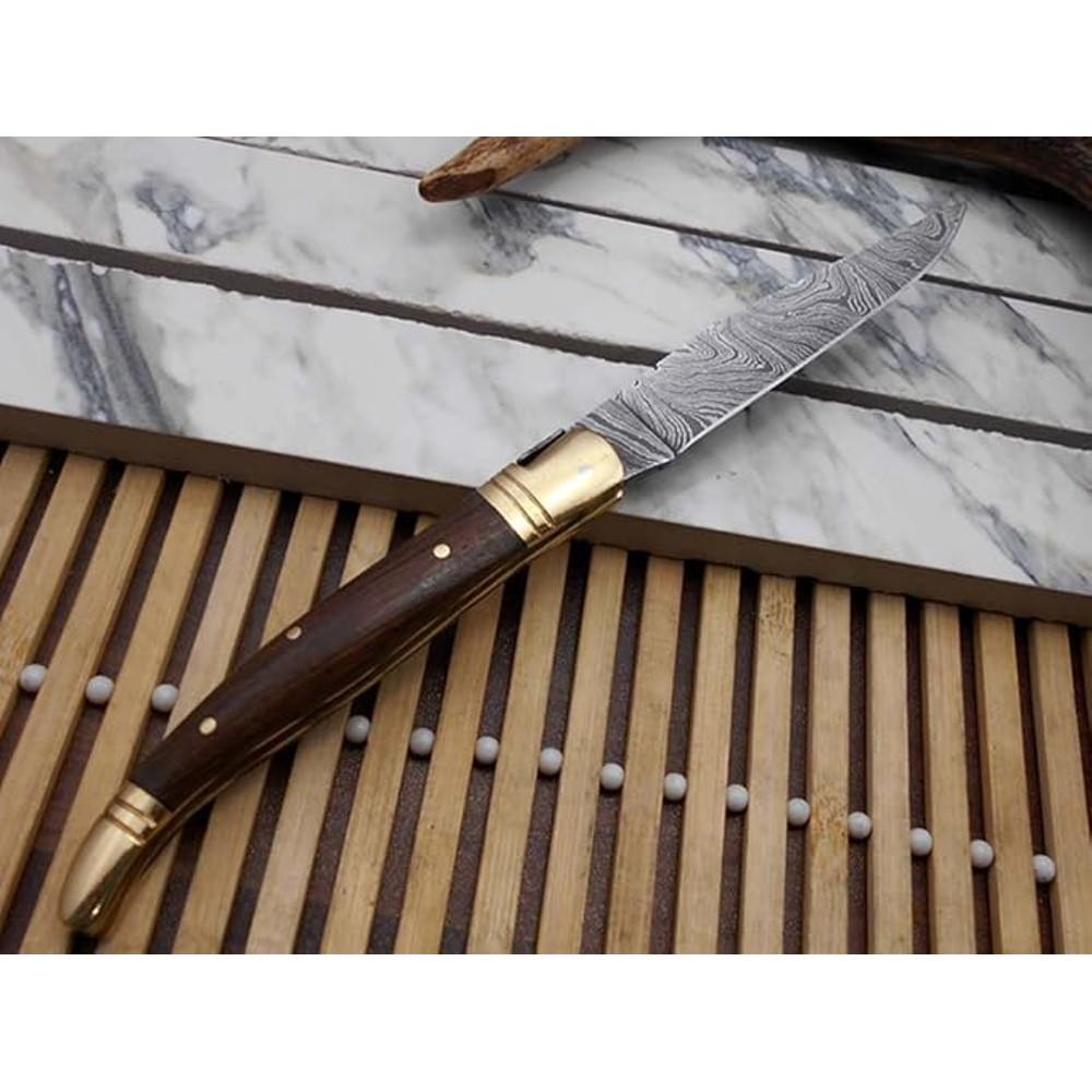 Laguiole Folding Damascus Steel Knife 85 Long With 4 Hand Forged Twist Patren Blade Rose Wood  Bras 1
